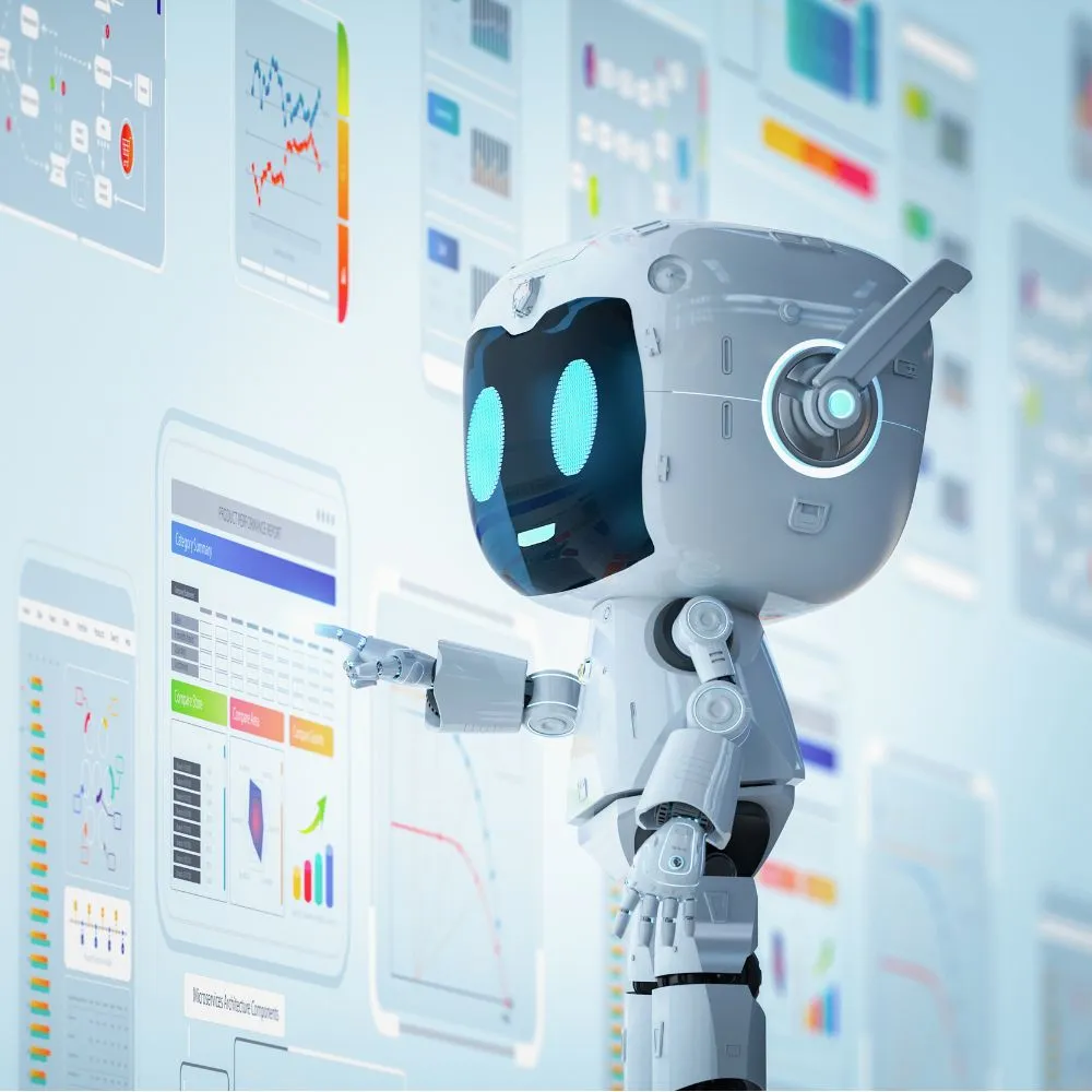 AI robot using business dashboards for enterprise AI chatbot development.